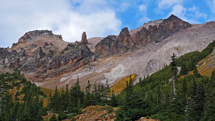 Footage of the scenic Glacier Basin Trail, an 8-mile round trip hike in Mount Rainier National Park, Washington, USA. The trail, accessible from the White River Campground area, leads through forests