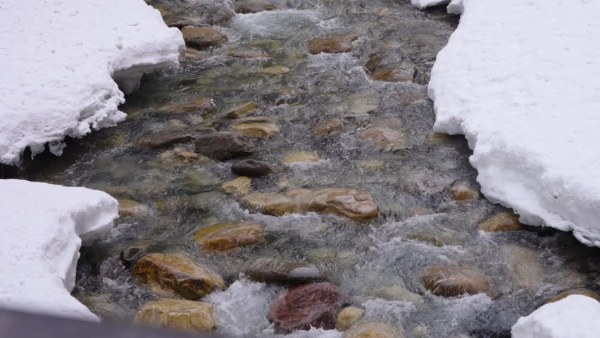 Close-up of a snowy creek with bubbling water over rocks, winter atmosphere.