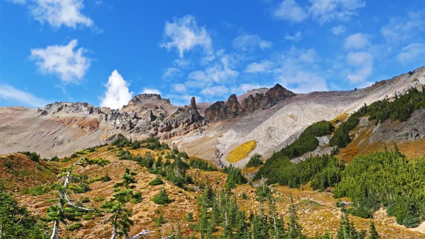 A scenic wide shot of the rugged mountain landscape and forested slopes along the Glacier Basin Trail in Mount Rainier National Park, Washington State, USA.