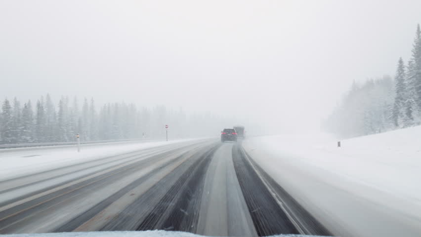 Slow drive on a snow-covered road with falling snow, surrounded by pine trees.