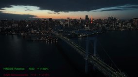 Futuristic Japanese stock market data overlay on Tokyo skyline at sunset with AI, semiconductor and robotics company indexes, financial technology and smart city investment concept. - Powered by Shutterstock - Get 15% off with code: PIKWIZARD15