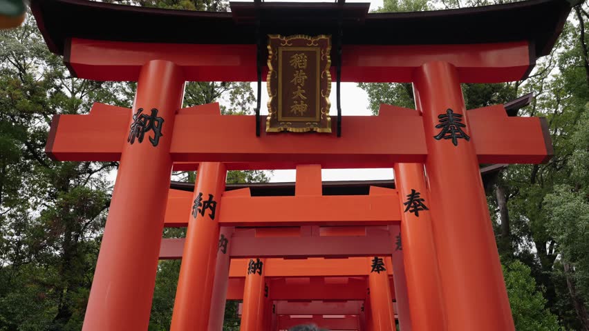 Looking up through layered red torii gates with gold Inari Okami plaque and kanji at Fushimi Inari Kyoto