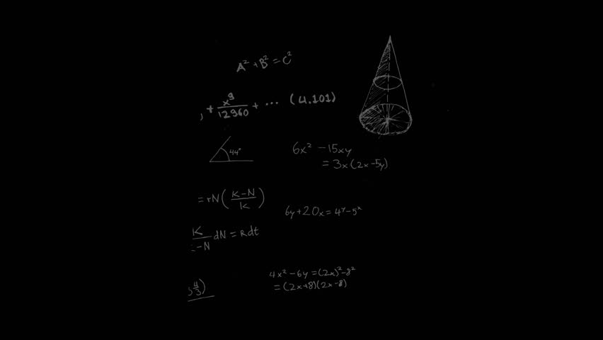 Wide-scatter 3D hand-drawn math formulas drifting in white on black. Overlay or background for educational and cinematic work.