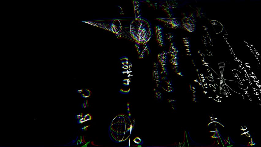 3D animated hand-drawn math formulas floating in chromatic abberration golden yellow on black. Warm overlay or background for educational video.