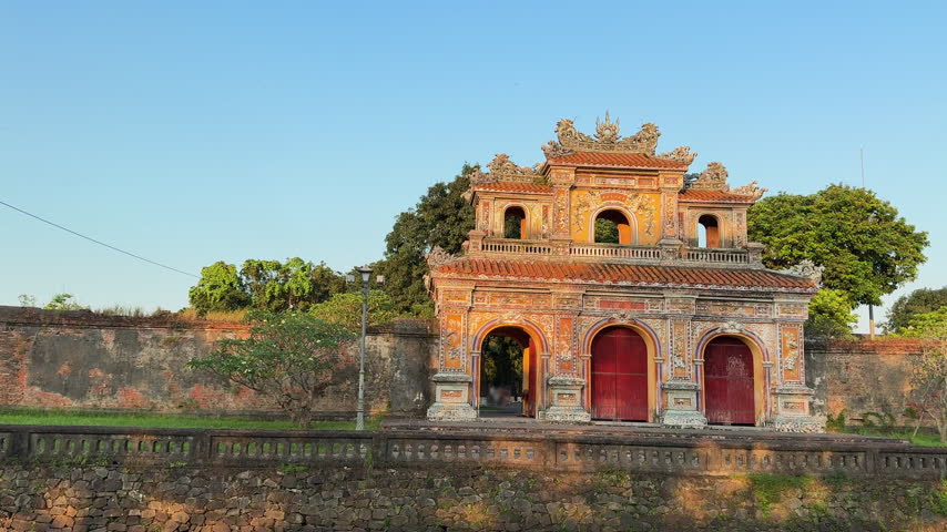 Panoramic movement over historic citadel in Hue Vietnam