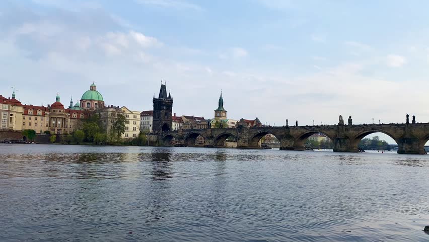 View of Charles Bridge and Vltava River in Prague, Czech Republic.