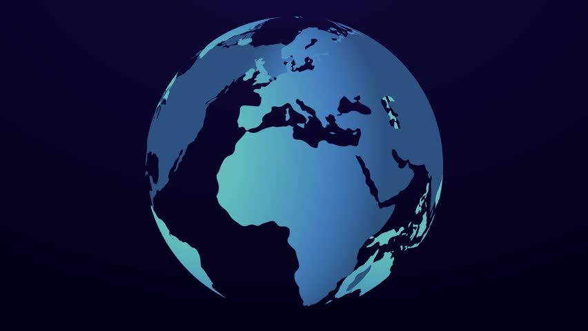 Seamless rotating earth globe on dark background. Clean minimal world map animation suitable for global themes, technology, data visualization and international communication.