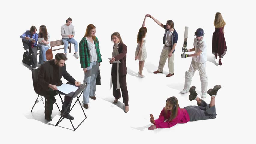 Large group of young people with work sport dance and leisure activities. Concept of campus life advertising, career choice, sports club promotion, dance class content and youth community campaign.