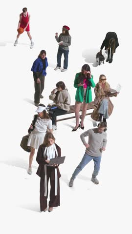 Diverse lifestyle people group with sport study business and pet walking. Concept of urban leisure campaign, pet care lifestyle, work life balance, personal hobbies content and fitness branding.