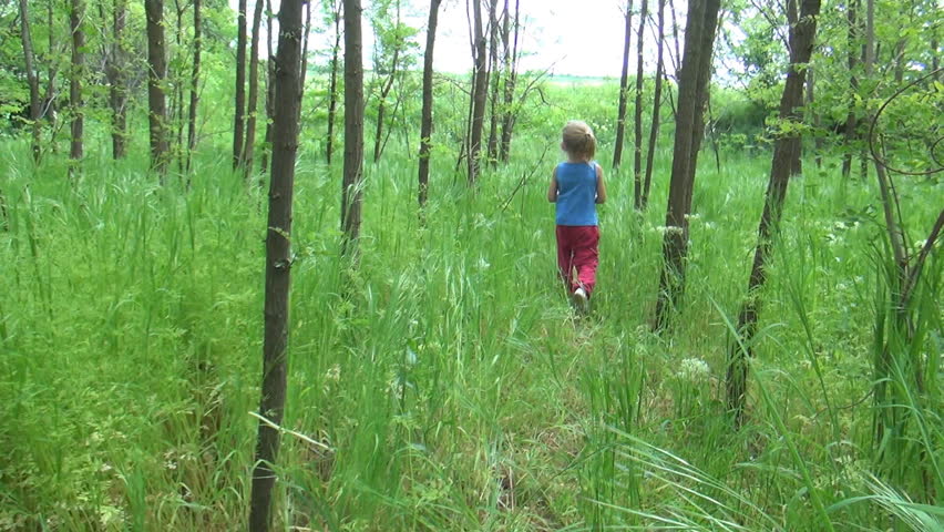 POV Child Walking in Acacia Forest, Girl Playing in Wood, Children in Nature