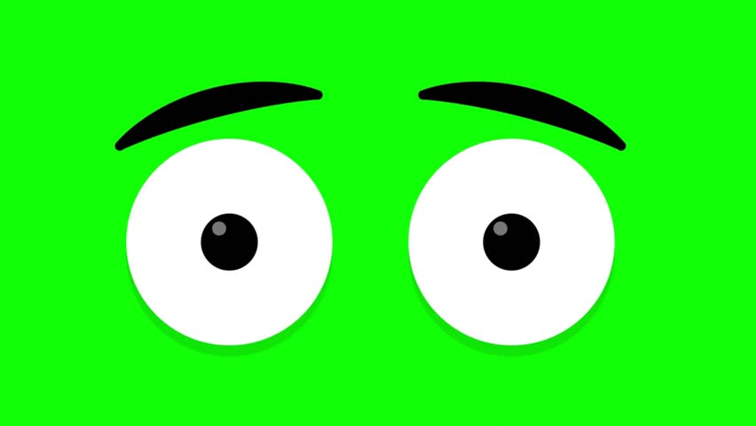 Two minimalist white cartoon eyes with black pupils and curved eyebrows on a solid green background, depicted in a clean line art style.
