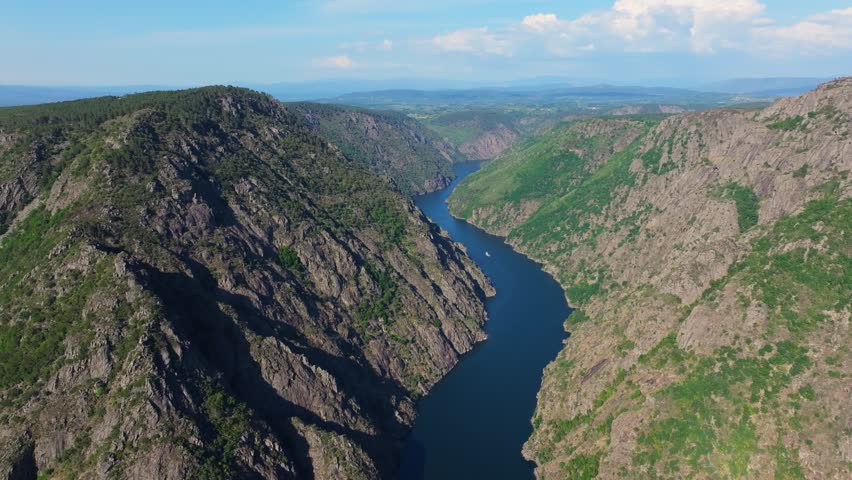River Sil Meanders Through Steep Canyons View From Vilouxe Viewpoint In Galicia, Spain. Aerial Shot