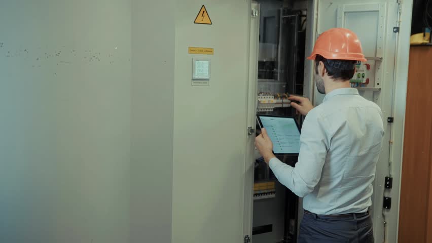 professional electrician wearing an orange safety helmet checks the main distribution panel. Male technician using digital tablet computer for high voltage grid diagnostics and current management control. Maintenance engineer working inside industrial electrical control room. Power station facility system configuration. Automation hardware development. Technical service occupation. Professional diagnostic energy unit. Electrical infrastructure presentation. Smart screen device