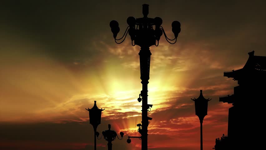 Street lamp on Tiananmen Square in Beijing, China (against the sunset), with propaganda or public announcement speakers. 4K, time lapse, with zoom 