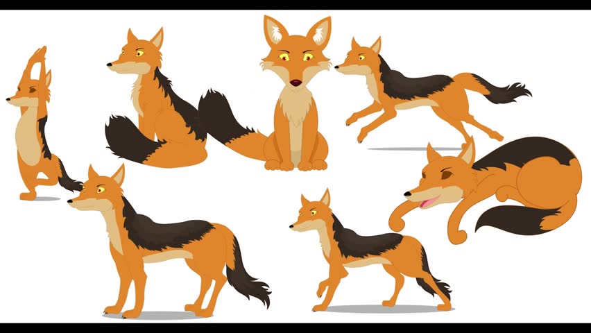 A set of nine stylized orange and black cartoon foxes depicted in various sitting and standing poses, illustrated in flat vector line art style against a plain white backdrop.