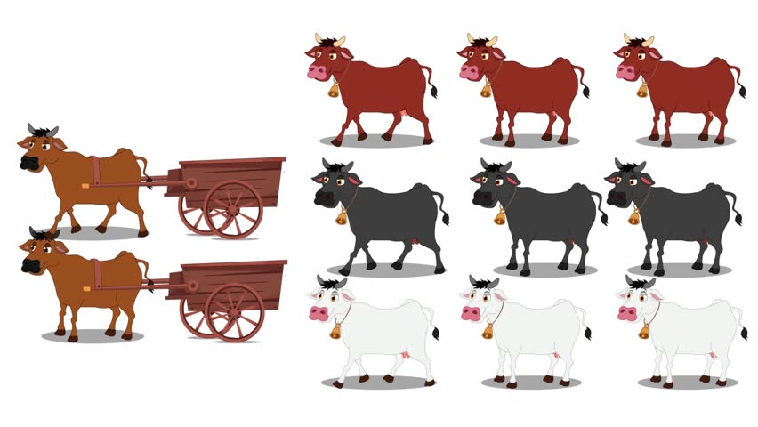 Vector illustration of various farm animals including cows, bulls, and oxen pulling a wooden cart, depicted in a flat line art style on a light background.