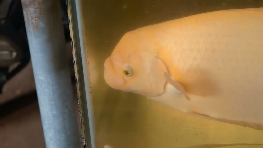 A large freshwater albino fish of Giant Gourami (Osphronemus goramy) species is held in a glass aquarium
