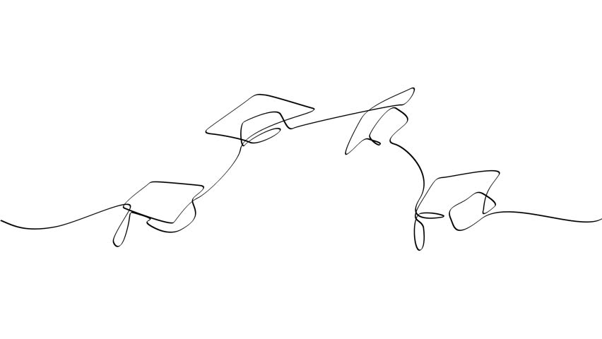 Minimal line art animation featuring graduation caps floating and flying through the air in a progressive continuous line drawing style.