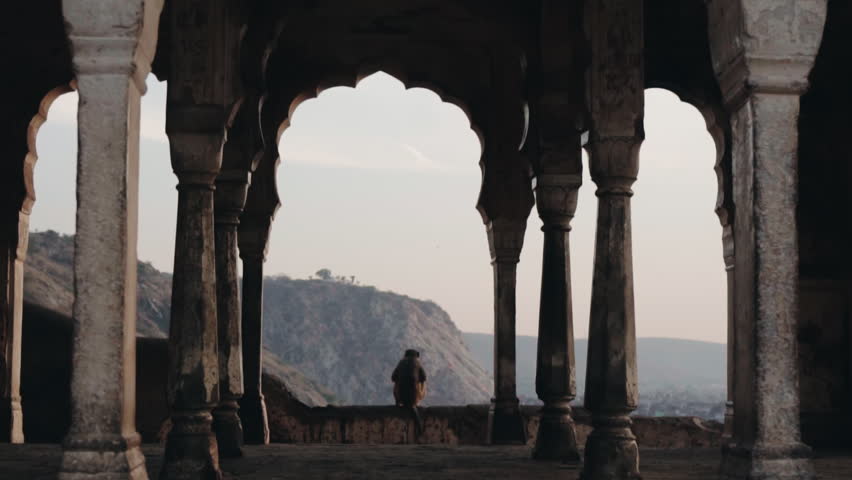 Majestic view from an ancient Indian temple, where a rhesus macaque sits on a stone wall overlooking the mountainous landscape of Jaipur, as another monkey playfully runs past