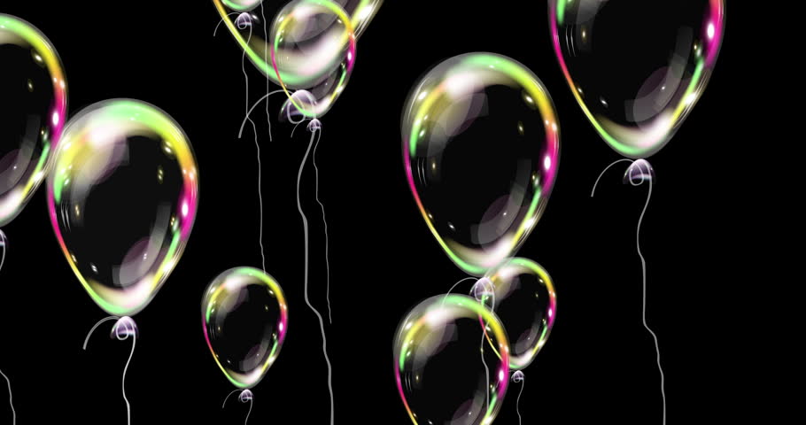 Realistic air helium balloons fly up. Upward movement colorful air transparent balloons on black. Party decorations for birthday, anniversary, celebration. 4k loop video graphic animation