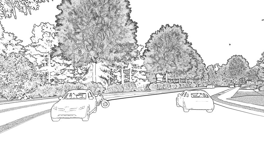 Sketch of cars and motorcycle on suburban road with trees