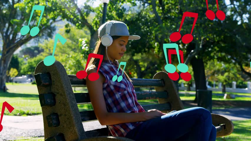 Woman listening to music and tapping phone on park bench causing animated notes moving around her. Headphones, outdoor, park, bench, melody, casual, relaxed