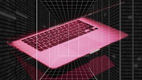 Binary digits starting circuits flowing left across wireframe pink laptop hovering visualizing data. Notebook, magenta, 3d, grid, floating, holographic, cyber - Powered by Shutterstock - Get 15% off with code: PIKWIZARD15