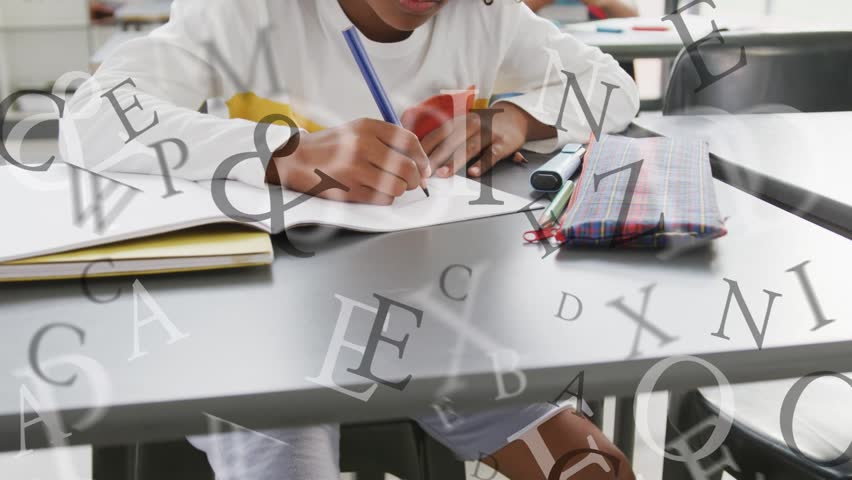 Girl writing with blue pen in school, camera pulling back while letters overlay aiding learning. Student, notebook, binder, pencilcase, desk, classroom, stock