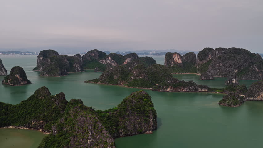 Ha Long Vietnam Bay Aerial Limestone Karst Mountains and Green Islets over Emerald Ocean Water