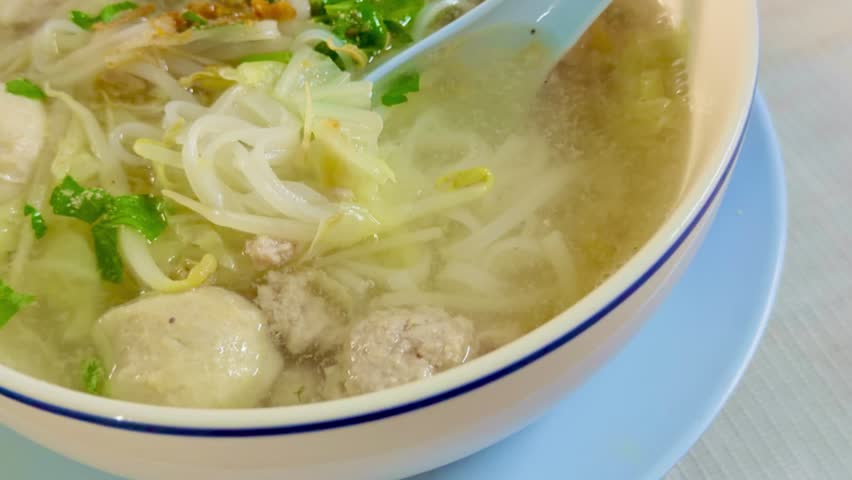 Traditional Thai Style Pork Balls Thin Noodle Clear Soup