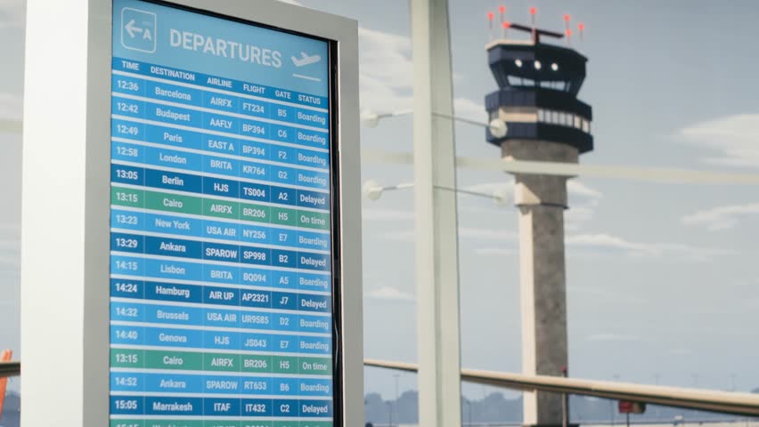 A close crop highlights the departures board inside an airport terminal with the control tower visible outside the windows.
