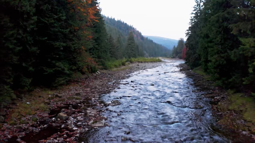 River rapids near mountain foothill with terracotta forests