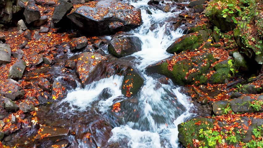 Narrow stream falling down mountain slope in autumn forest