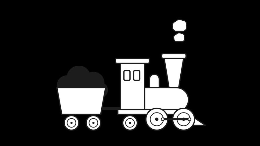 a white steam locomotive on a black background appears to move with smoke coming out of the chimney
