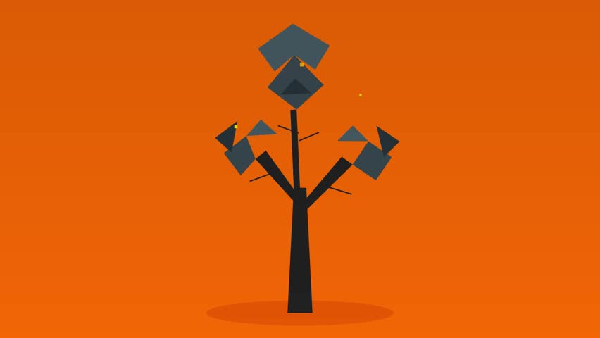 geometric hickory tree swaying on bold orange surface.