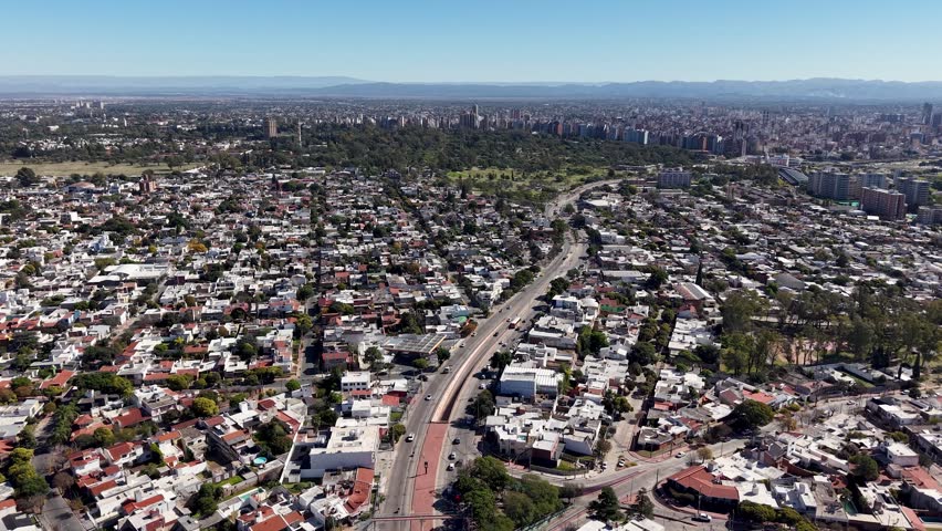 Aerial panorama of Cordoba city, Argentina, during a bright sunny day.
