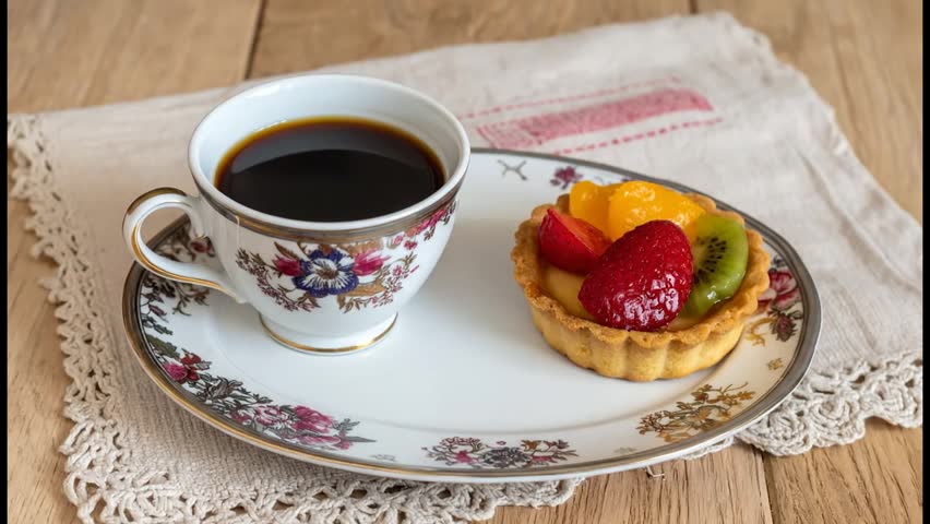 A cup of coffee and fruit tart on plate