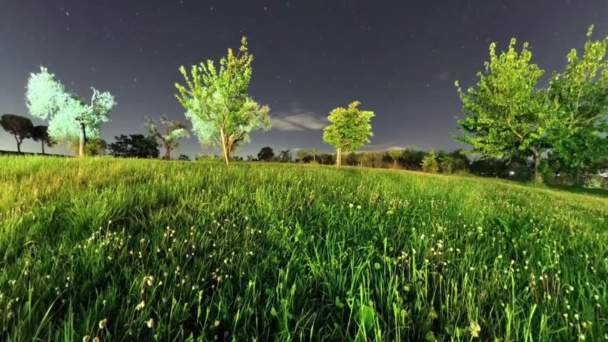 A panoramic view of nature in the Umbrian countryside in Italy - Star trails