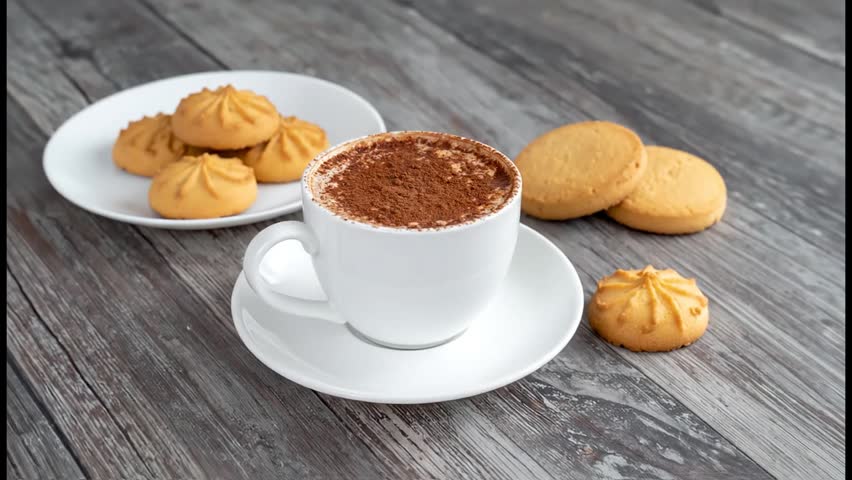 A cup of coffee with cookies on plate