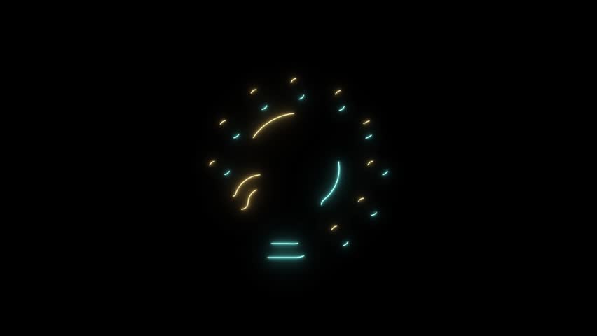 A neon glowing illustration of a sun and cloud on a black background with blue and yellow rays and droplets surrounding the sun
