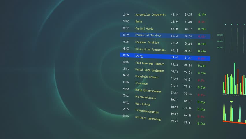 Camera starting dashboard panning as blue rows moving and charts updating showing market trends. Visualization, analytics, fintech, interface, 3d, wireframe, neon