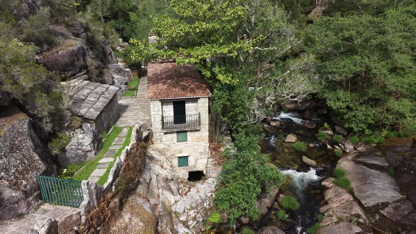 Ancient stone arch bridge spanning a river with flowing water surrounded by natural forest