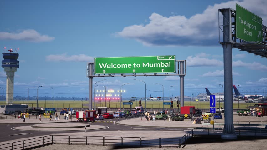 Cinematic 3D render aircraft arrival animation, Welcome to Mumbai Airport Arrival Scene, Aviation transport atmosphere, Sign Near Runway, Aviation Gateway, Modern Infrastructure, Airfield Entrance