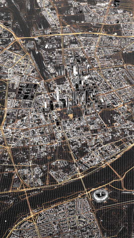 Wireframe view of Warsaw with street network in grayscale, black roads and buildings covered by white wireframe lines, dark shadows between structures forming a high contrast city map from above.