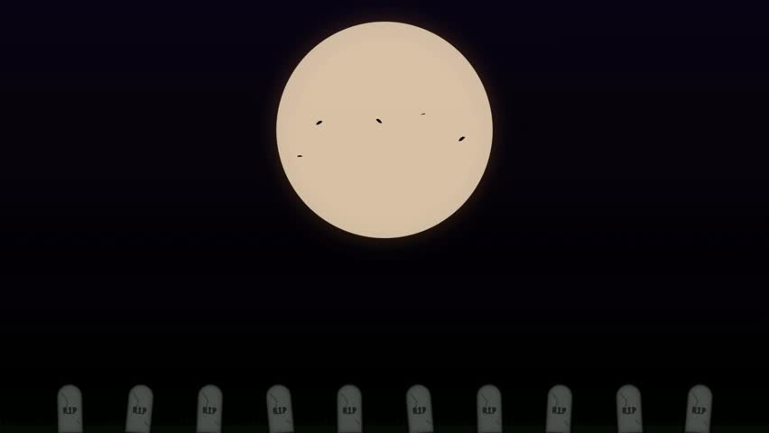 A minimalist 2D animation set at night featuring a large, glowing full moon centered in a dark sky. In the foreground, a row of traditional headstones, each marked with an inscription, is silhouetted against the night. Small, stylized bats are depicted flying in a looping pattern across the face of the moon, creating an atmospheric, spooky scene. The clean vector-style aesthetic makes this suitable for holiday-themed projects, motion graphics, and background elements related to spooky nights or atmospheric settings.
