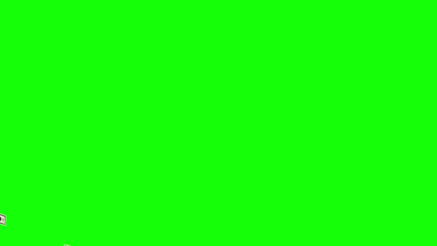 Brown leather wallet overflowing with paper currency and gold coins spinning on green screen background