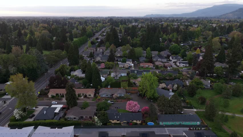 Quiet residential neighborhood in spring with blooming cherry trees, single family homes, manicured yards and tree-lined streets stretching toward distant mountain ridge. Oregon, USA. Aerial flyover
