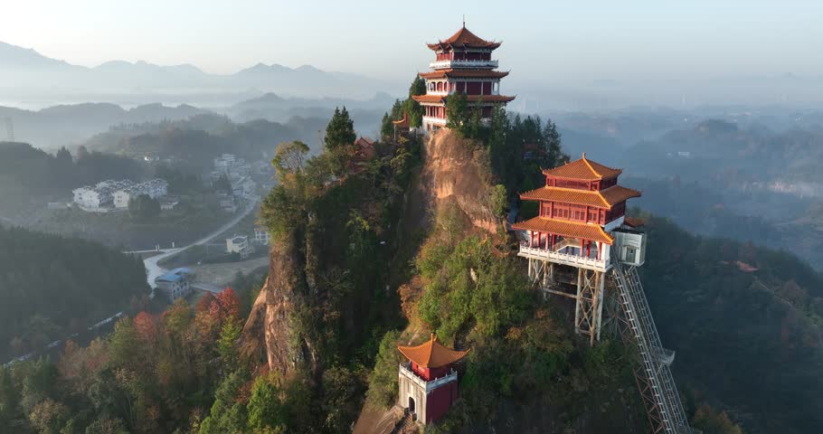 Sunrise and ancient chinese buddha temple landscape in Hunan province,China	