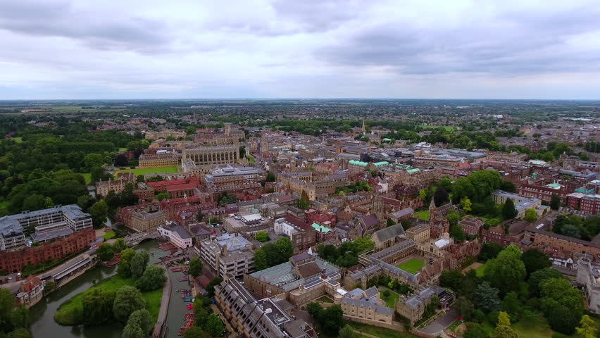 4K aerial wide panorama of Cambridge town with King