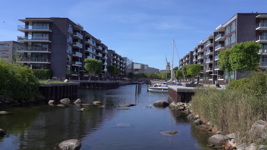 Scenic footage of a calm canal in a modern Copenhagen harbour district, Denmark. Contemporary dark-brick apartment buildings with balconies line both sides of the waterway, with sailboats moored along the right bank and lush trees providing green accents. Boulders and reeds frame the foreground, and a seagull rests on a rock in the still water under a clear blue summer sky. August 2022.